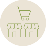 Illustration simple d'un panier d'achat au-dessus de deux icônes de vitrine, sur un fond circulaire beige.